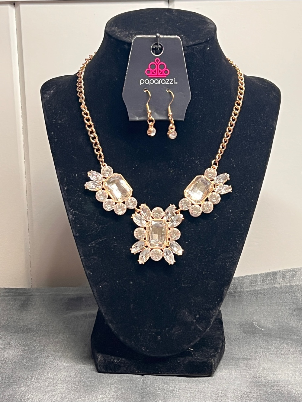 Paparazzi Gold Crystal Statement Bib Necklace and Matching Drops